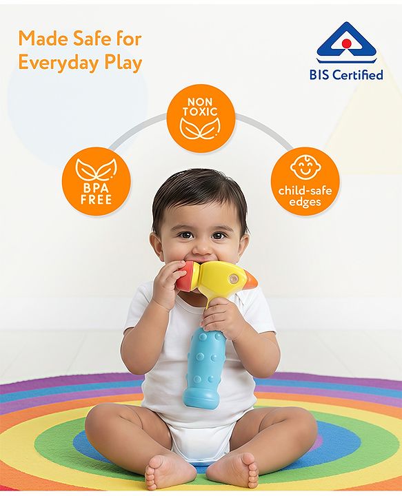 Babyhug Musical Hammer Toy with Light & Music - Yellow | Soft Rubber Head Baby Hammer Toy | Improves Motor Skills| Easy Grip Handle | Safe for Toddlers | Non-Toxic | BIS Certified