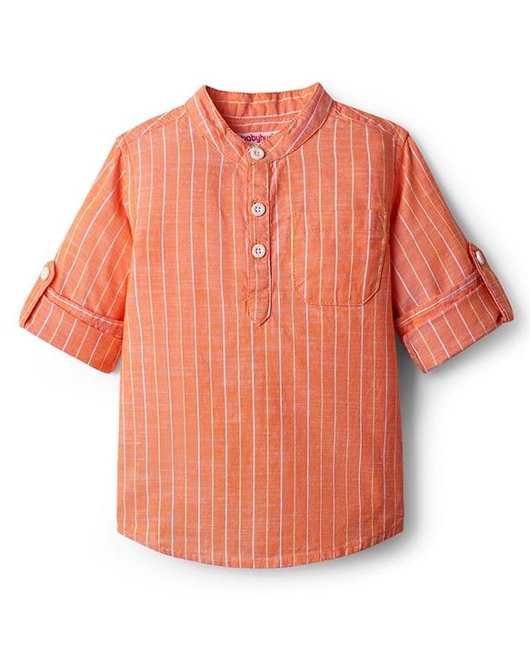 Babyhug 100% Cotton Woven Full Sleeves Mandarin Collar Kurta Style Shirt With Stripes - Orange