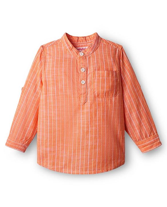 Babyhug 100% Cotton Woven Full Sleeves Mandarin Collar Kurta Style Shirt With Stripes - Orange