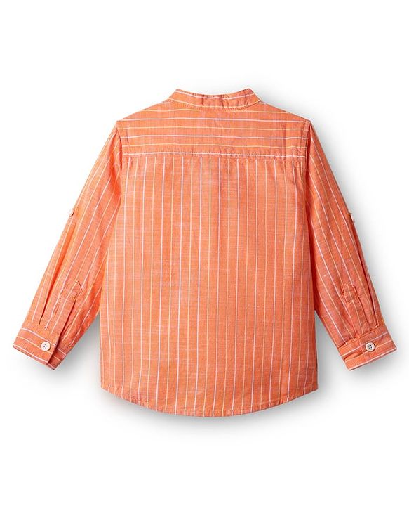 Babyhug 100% Cotton Woven Full Sleeves Mandarin Collar Kurta Style Shirt With Stripes - Orange