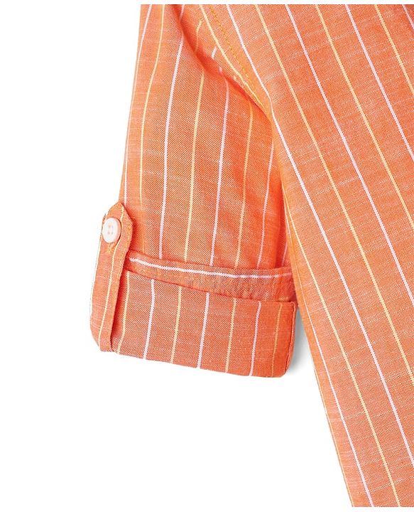 Babyhug 100% Cotton Woven Full Sleeves Mandarin Collar Kurta Style Shirt With Stripes - Orange