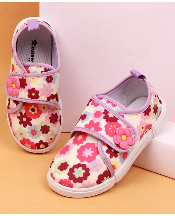 Cute Walk by Babyhug Velcro Closure Floral Printed Casual Shoes With Applique - Purple