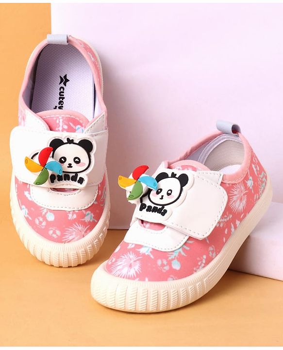 Cute Walk by Babyhug Casual Shoes with Velcro Closure Floral Print & Panda Applique - Pink
