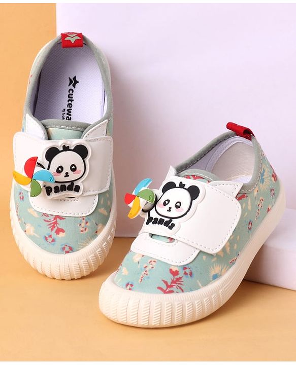 Cute Walk by Babyhug Casual Shoes with Velcro Closure Floral Print & Panda Applique - Green