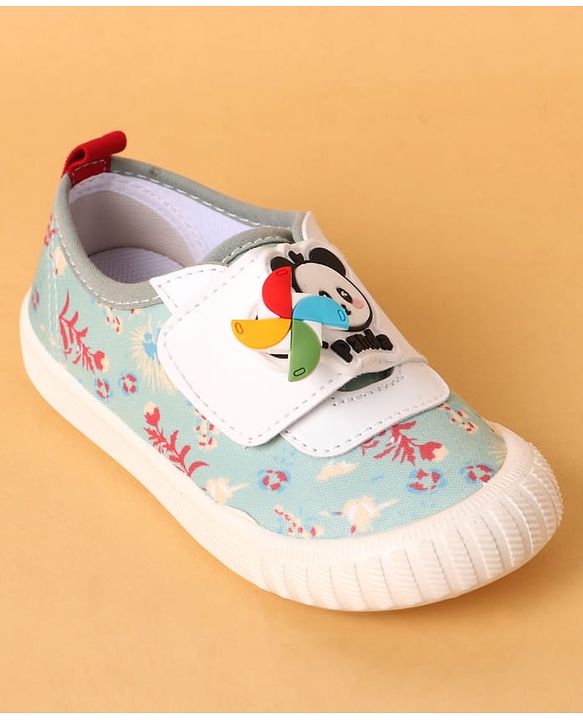 Cute Walk by Babyhug Casual Shoes with Velcro Closure Floral Print & Panda Applique - Green