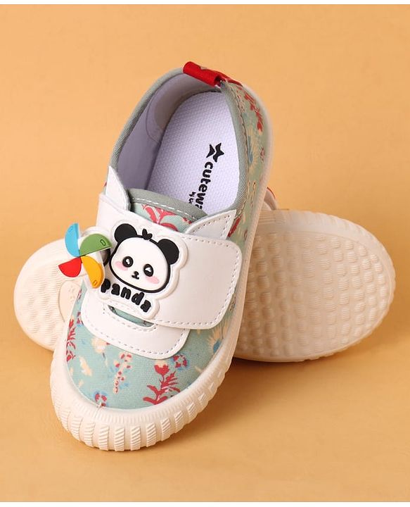 Cute Walk by Babyhug Casual Shoes with Velcro Closure Floral Print & Panda Applique - Green
