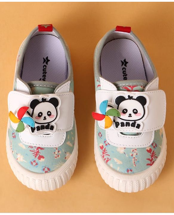 Cute Walk by Babyhug Casual Shoes with Velcro Closure Floral Print & Panda Applique - Green