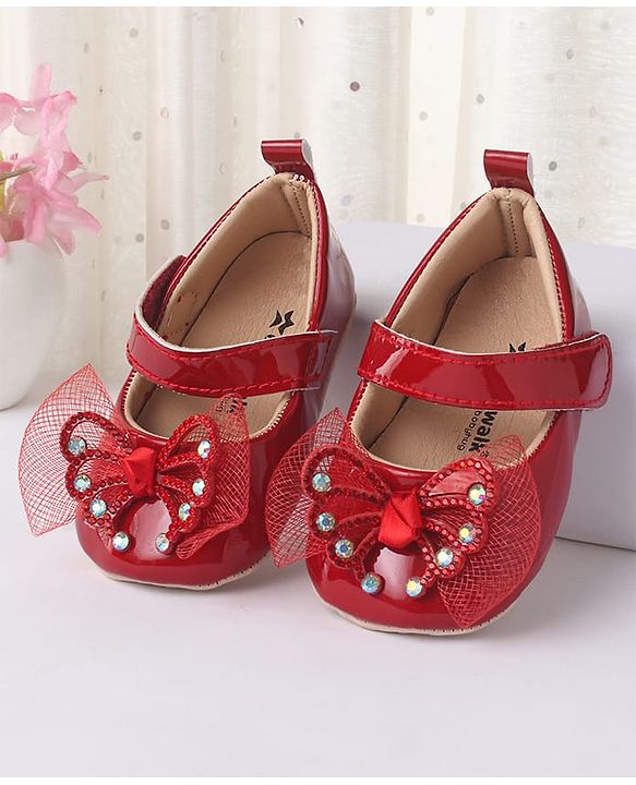 Cute Walk by Babyhug Booties With Velcro Closure & Butterfly Applique - Red