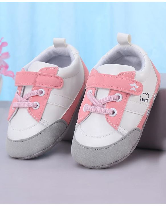 Cute Walk by Babyhug Booties with Velcro Closure & Lace Detailing - White & Pink