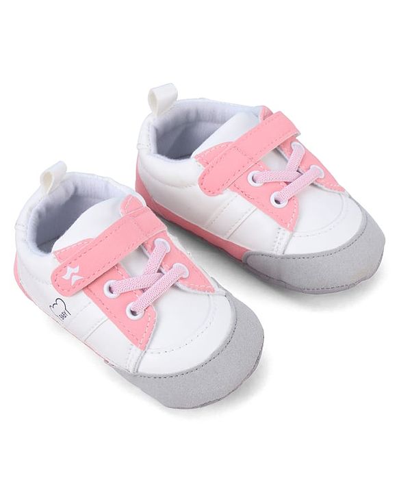 Cute Walk by Babyhug Booties with Velcro Closure & Lace Detailing - White & Pink