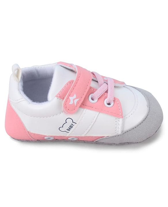 Cute Walk by Babyhug Booties with Velcro Closure & Lace Detailing - White & Pink