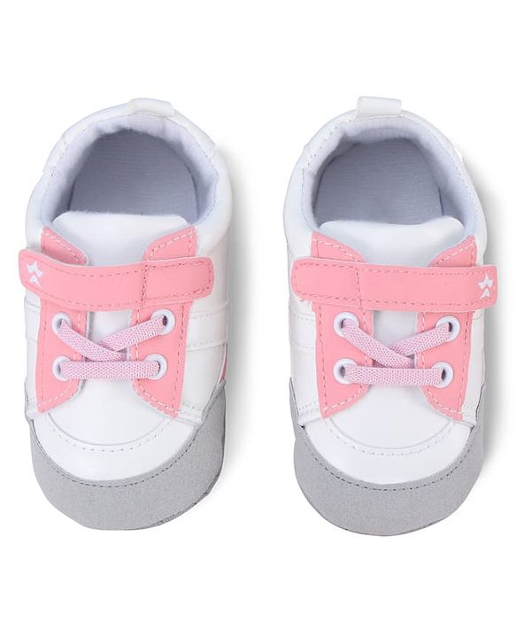 Cute Walk by Babyhug Booties with Velcro Closure & Lace Detailing - White & Pink