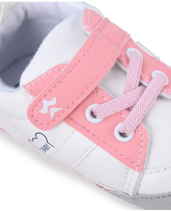 Cute Walk by Babyhug Booties with Velcro Closure & Lace Detailing - White & Pink