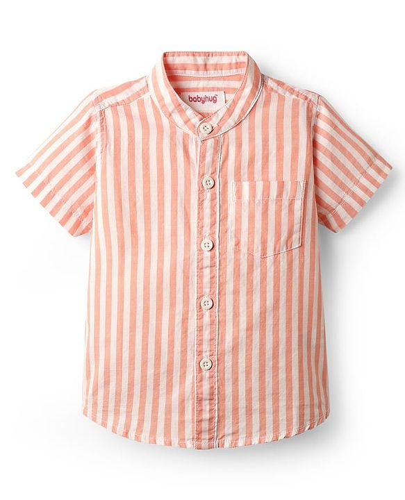 Babyhug Cotton Woven Half Sleeves Mandarin Collar Stripe Shirt - Peach