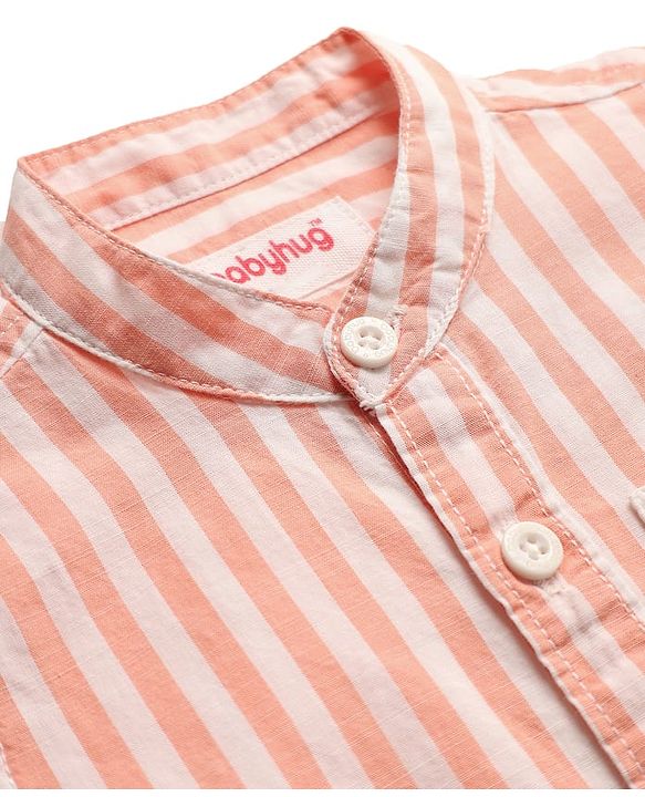 Babyhug Cotton Woven Half Sleeves Mandarin Collar Stripe Shirt - Peach