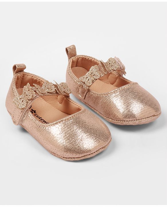 Cute Walk by Babyhug Velcro Closure Booties With Butterfly Applique - Golden