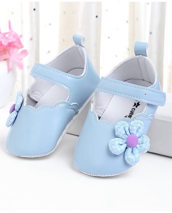 Cute Walk by Babyhug Velcro Closure Booties With Floral Applique - Blue
