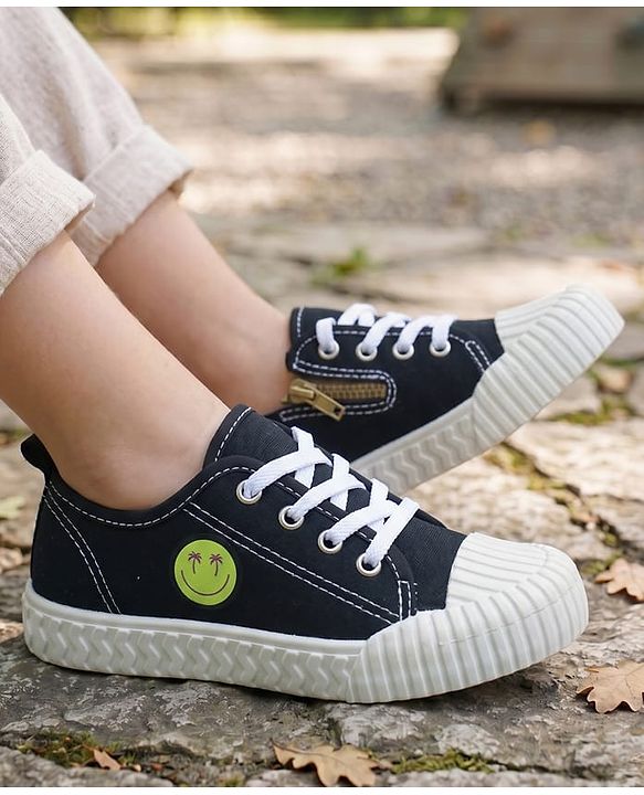 Pine Kids Casual Shoes With Zipper & Lace Up Closure - Black