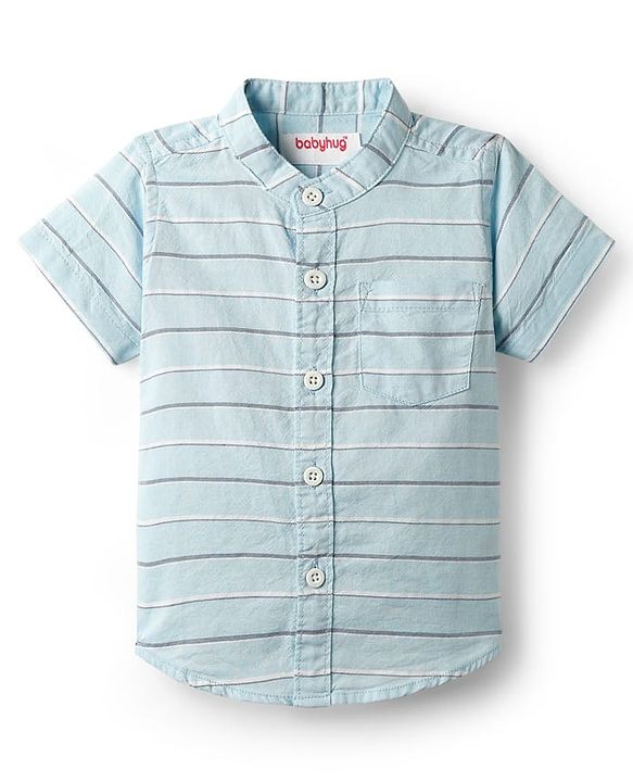 Babyhug Cotton Woven Half Sleeves Mandarin Collar Stripe Shirt - Light Blue