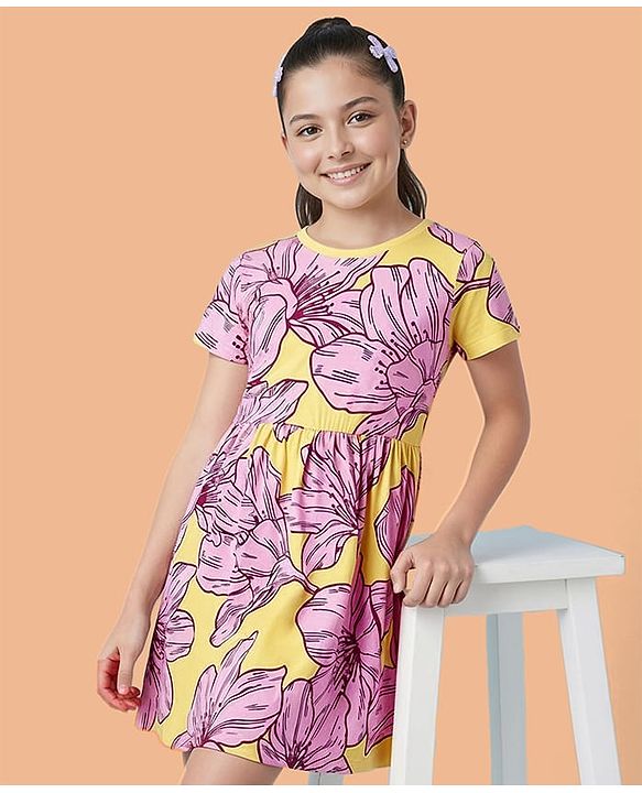 Pine Kids Cotton Knit Half Sleeves One Piece Frock with Floral Print - Multicolor