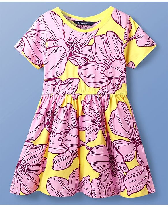 Pine Kids Cotton Knit Half Sleeves One Piece Frock with Floral Print - Multicolor