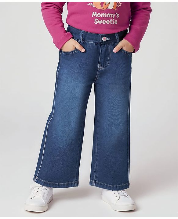 Babyhug Full Length Wide Leg Washed Denim Jeans With Stretch and Lurex Tape  - Navy Blue