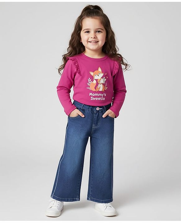 Babyhug Full Length Wide Leg Washed Denim Jeans With Stretch and Lurex Tape  - Navy Blue