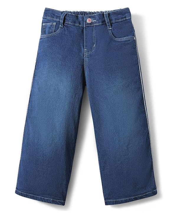 Babyhug Full Length Wide Leg Washed Denim Jeans With Stretch and Lurex Tape  - Navy Blue