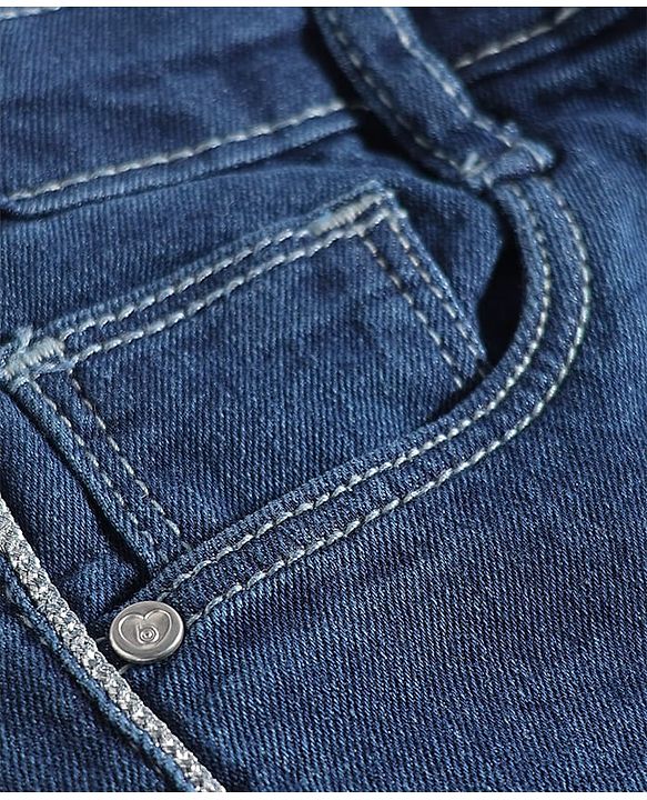 Babyhug Full Length Wide Leg Washed Denim Jeans With Stretch and Lurex Tape  - Navy Blue