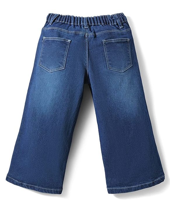 Babyhug Full Length Wide Leg Washed Denim Jeans With Stretch and Lurex Tape  - Navy Blue