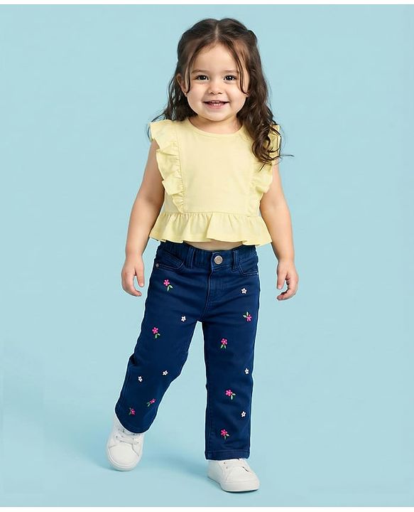 Babyhug Denim Full Length Washed Jeans With Stretch & Floral Embroidery - Navy Blue