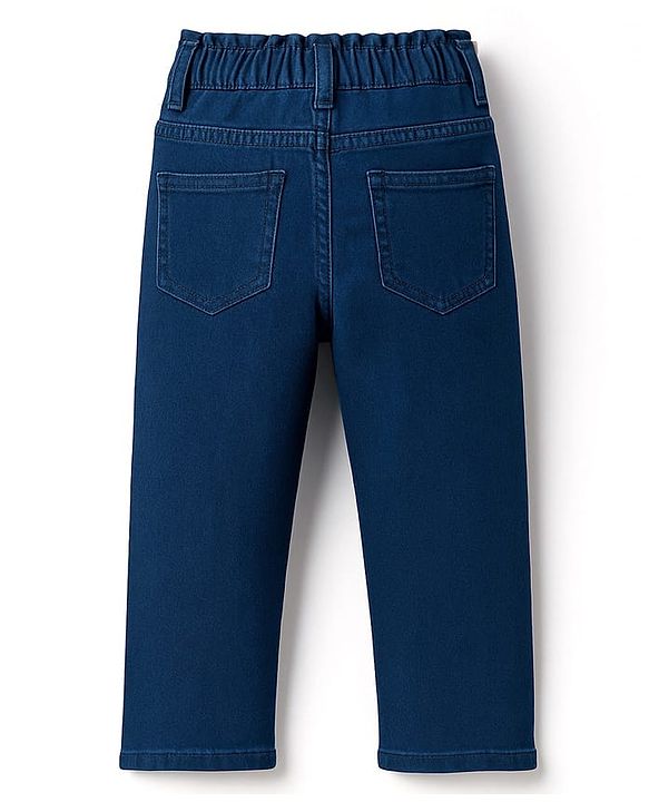 Babyhug Denim Full Length Washed Jeans With Stretch & Floral Embroidery - Navy Blue