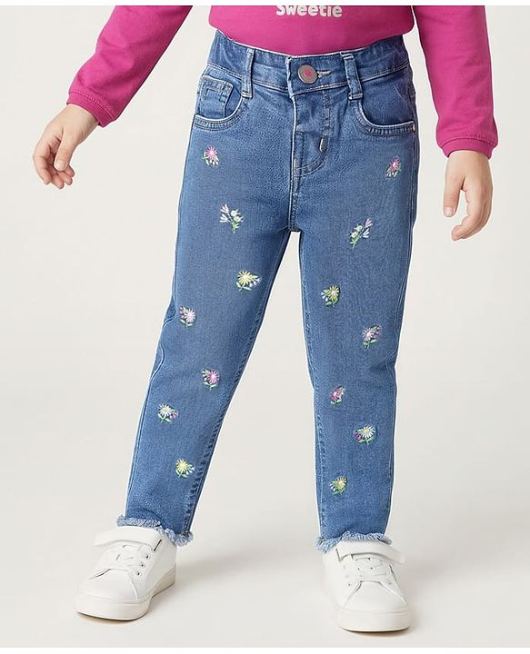 Babyhug Denim Full Length Washed Jeans With Stretch & Floral Embroidery - Blue