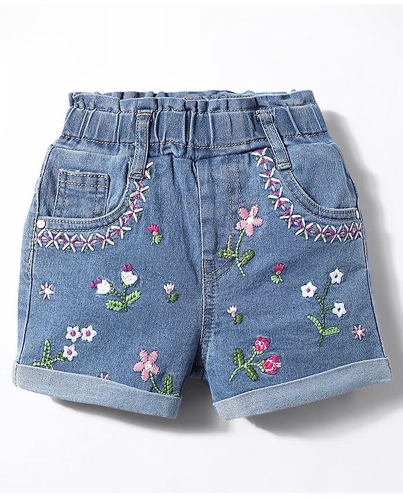 Babyhug Mid Thigh Shorts With Stretch & Floral Embroidery - Blue