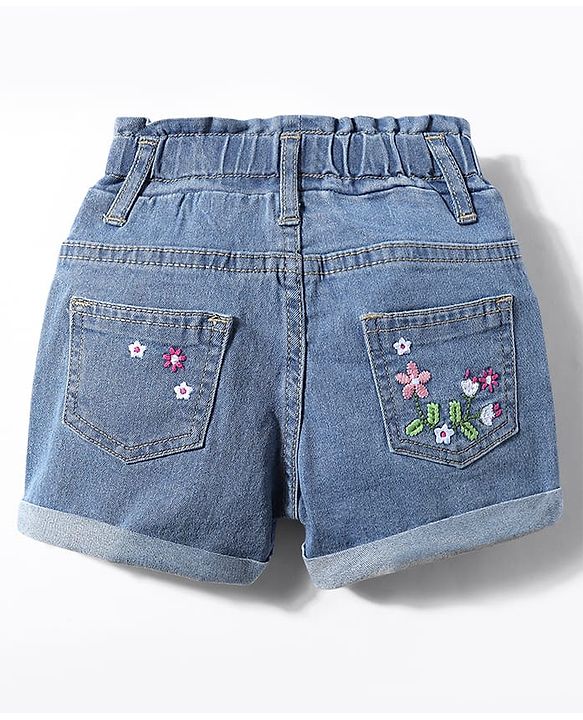 Babyhug Mid Thigh Shorts With Stretch & Floral Embroidery - Blue