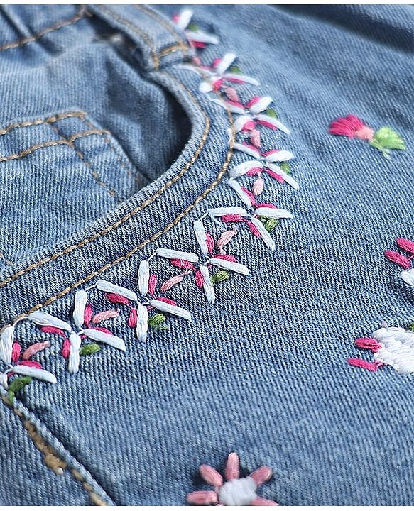 Babyhug Mid Thigh Shorts With Stretch & Floral Embroidery - Blue