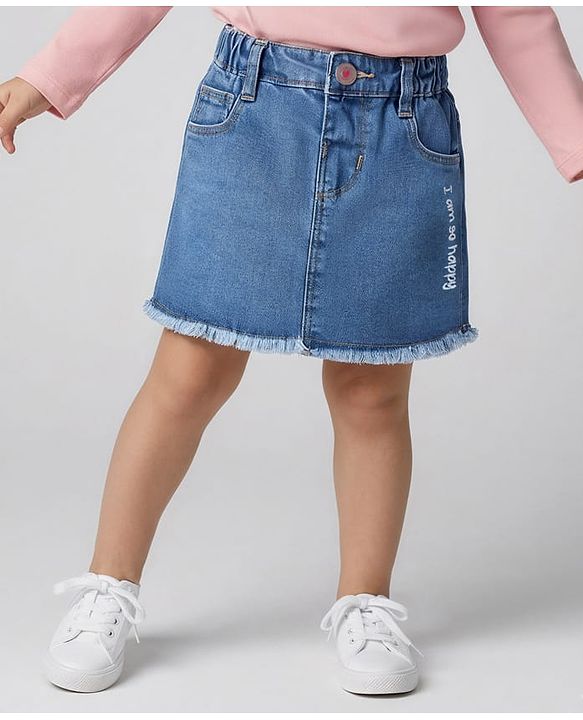 Babyhug Mid Thigh Skirt with Stretch & Text Embroidery - Blue