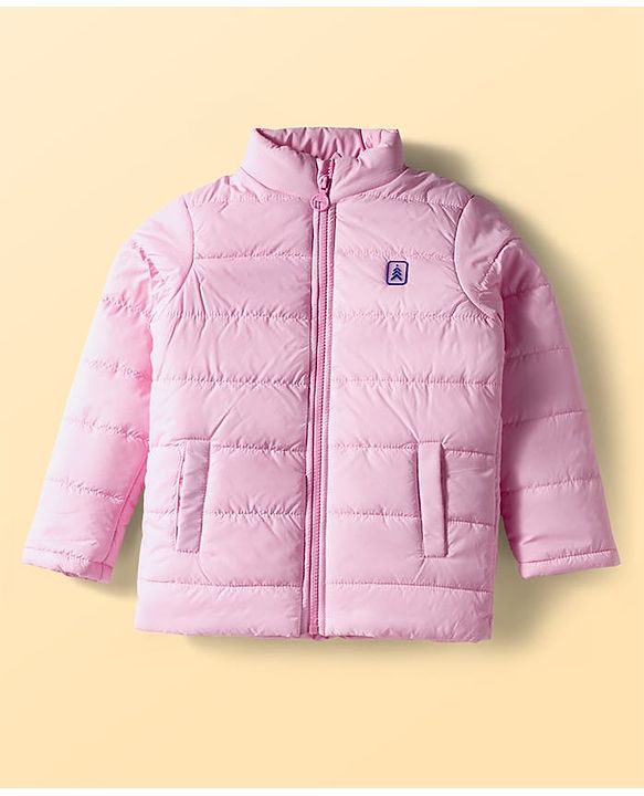 Pine Kids Woven Full Sleeves Front Open Quilted Jacket with High Neck - Baby Pink
