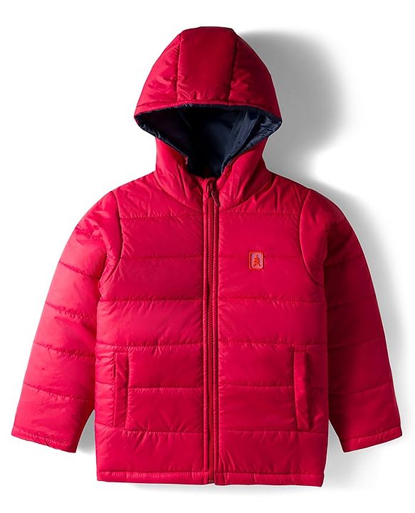 Pine Kids Woven Full Sleeves Solid Hooded Padded Jacket - Red