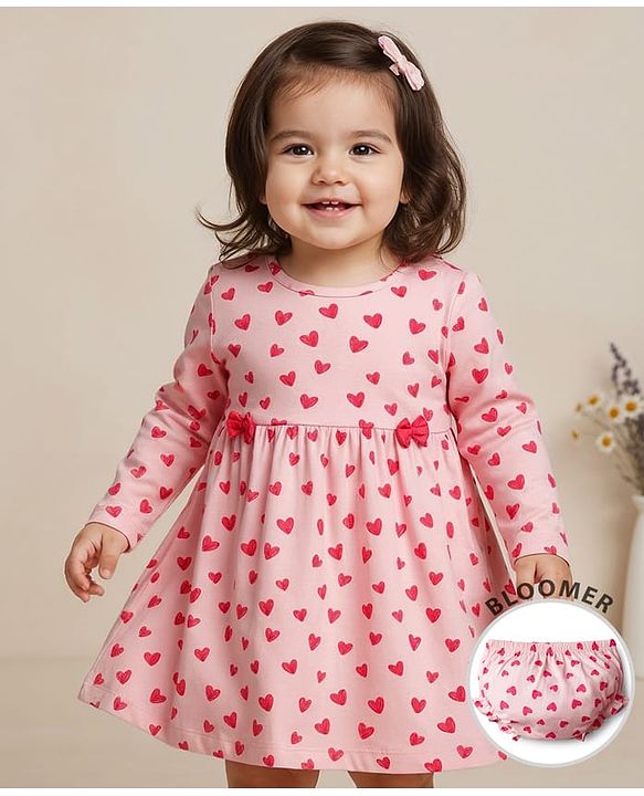 Babyhug Single Jersey Knit Full Sleeves Frock with Bloomer with Heart Print & Bow Applique - Light Pink