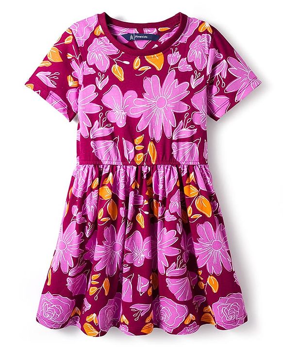 Pine Kids Cotton Knit Half Sleeves Frock with Floral Print - Maroon & Pink