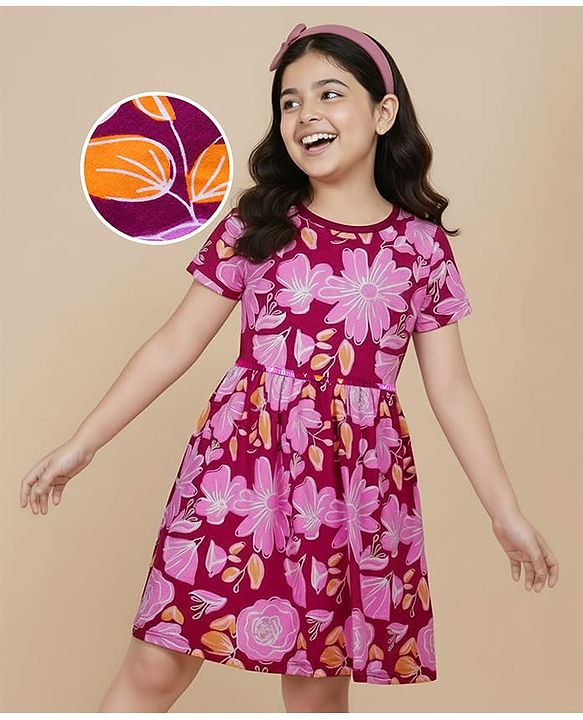 Pine Kids Cotton Knit Half Sleeves Frock with Floral Print - Maroon & Pink