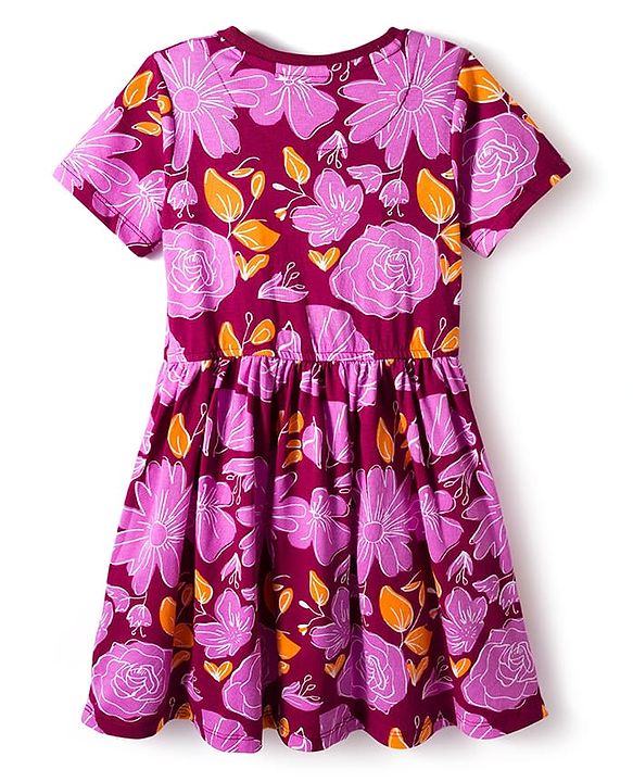 Pine Kids Cotton Knit Half Sleeves Frock with Floral Print - Maroon & Pink