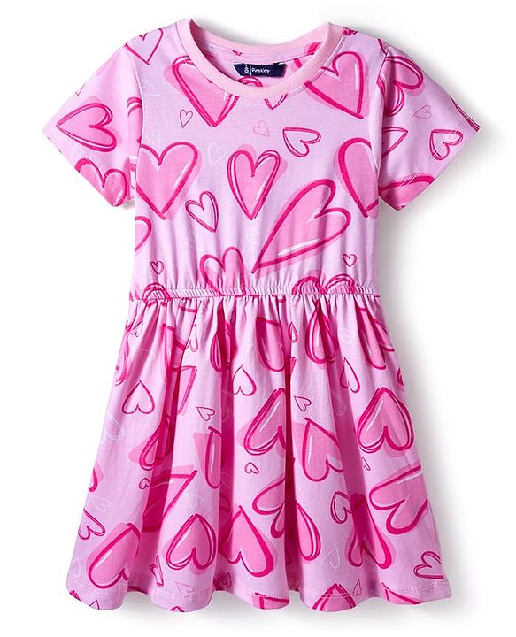 Pine Kids Cotton Knit Half Sleeves Frock with Heart Print -  Pink