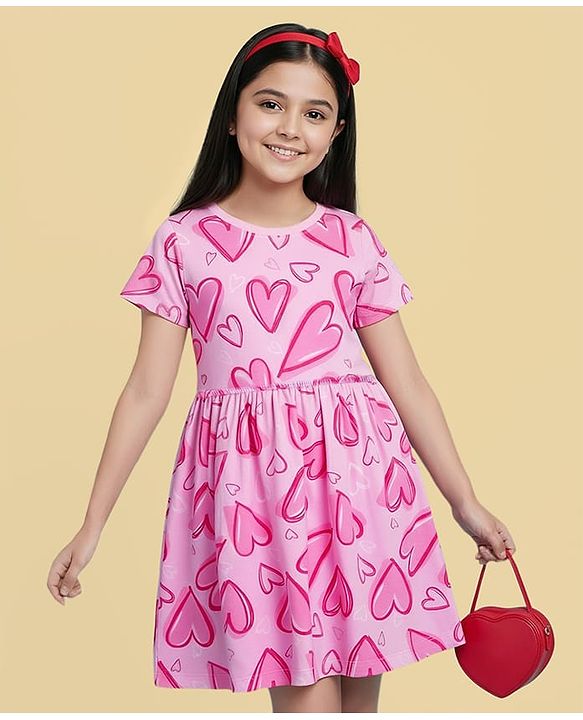 Pine Kids Cotton Knit Half Sleeves Frock with Heart Print -  Pink