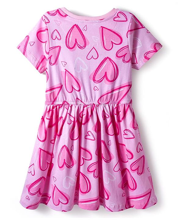 Pine Kids Cotton Knit Half Sleeves Frock with Heart Print -  Pink