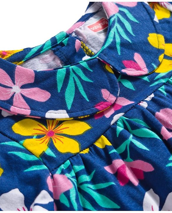 Babyhug Single Jersey Knit Full Sleeves Peter Pan Collar Frock With Floral Print & Bloomer - Navy Blue