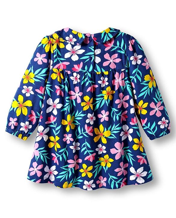Babyhug Single Jersey Knit Full Sleeves Peter Pan Collar Frock With Floral Print & Bloomer - Navy Blue