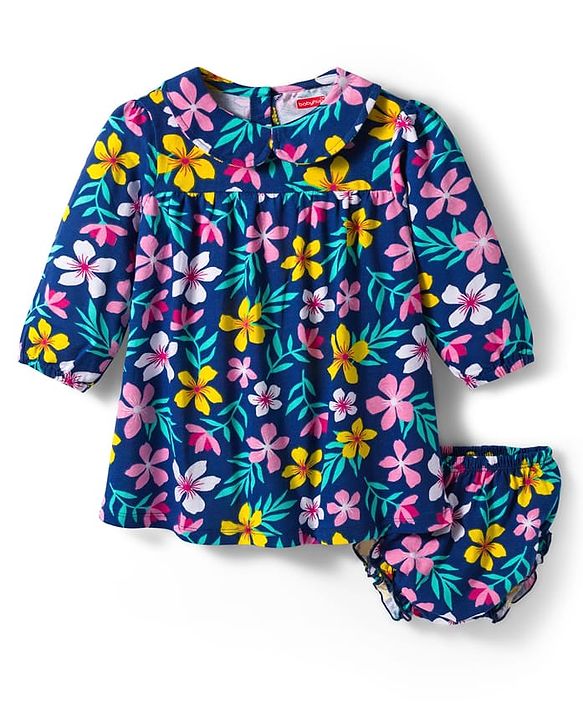 Babyhug Single Jersey Knit Full Sleeves Peter Pan Collar Frock With Floral Print & Bloomer - Navy Blue