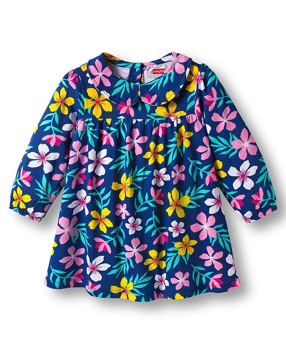 Babyhug Single Jersey Knit Full Sleeves Peter Pan Collar Frock With Floral Print & Bloomer - Navy Blue